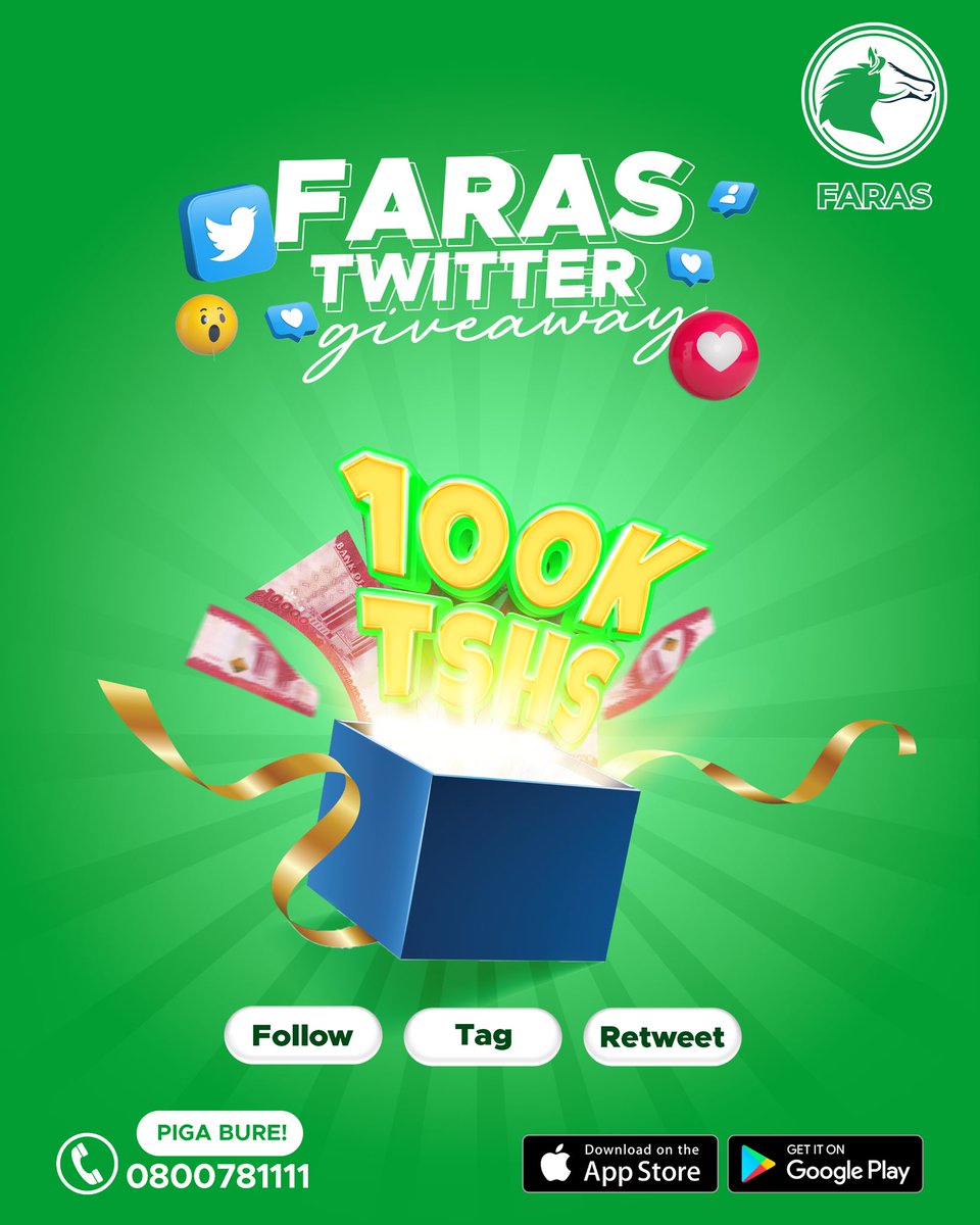 FARAS TWITTER GIVEAWAY!
Mshindi wa kwanza🥇 100,000/= Tsh
Mshindi wa pili 🥈50,000/=Tshs
Mshindi wa tatu 🥉 30,000/=Tsh

*Jinsi ya kushinda:*
1. Follow account ya @Farastanzania ndani ya Twitter 

2. Tag marafiki 5 au zaidi kwenye post hii ndani ya Twitter 

3. Retweet post hii