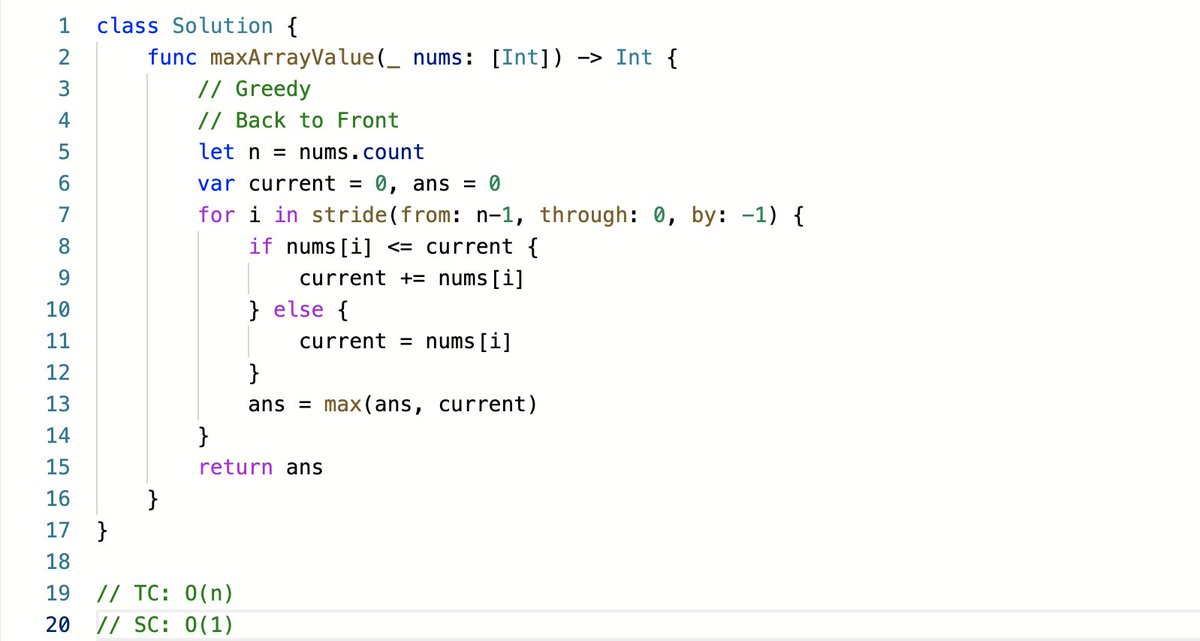 chriszhaodev's tweet image. 2789. Largest Element in an Array after Merge Operations leetcode.com/problems/large… #leetcode #Swift