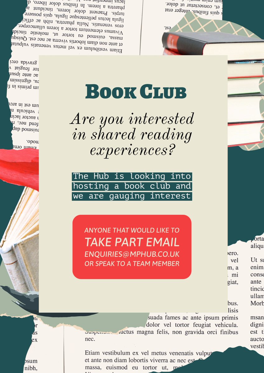 Are you passionate about books and love group activities?

The Hub is looking into hosting a Book Club and we are gauging interest.

Anyone that is interested in taking part please email enquiries@mphub.co.uk

Or you can also speak to a Hub team member

#bookclub #TheHub