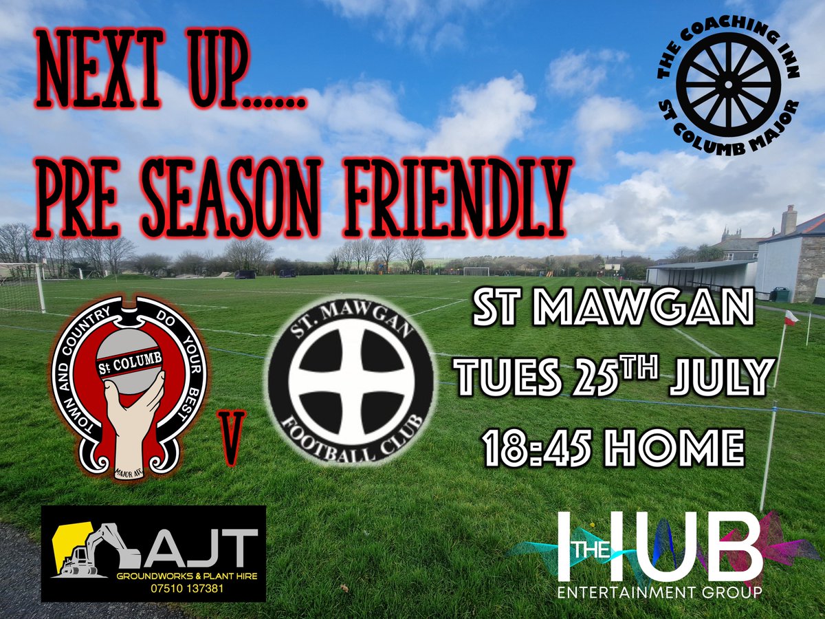 St Columb Major FC (@stcolumbmajorfc) on Twitter photo ⚽️ Friendly - Tues 25th July ⚽️
Major welcome our 'not very noisy' neighbours <a href="/StMawganFC/">St Mawgan FC</a> for a kickabout at the rec.
Due to an expected lack of away fans we are asking home supporters to bring a mate.
<a href="/swsportsnews/">South West Sports News</a> <a href="/Cornishfootball/">Dave Deacon</a> <a href="/KJMsport57/">Kevin Marriott</a> <a href="/devoncornwallfc/">S&W Devon & E Cornwall Football</a> ⚽️ Friendly - Tues 25th July ⚽️
Major welcome our 'not very noisy' neighbours <a href="/StMawganFC/">St Mawgan FC</a> for a kickabout at the rec.
Due to an expected lack of away fans we are asking home supporters to bring a mate.
<a href="/swsportsnews/">South West Sports News</a> <a href="/Cornishfootball/">Dave Deacon</a> <a href="/KJMsport57/">Kevin Marriott</a> <a href="/devoncornwallfc/">S&W Devon & E Cornwall Football</a>