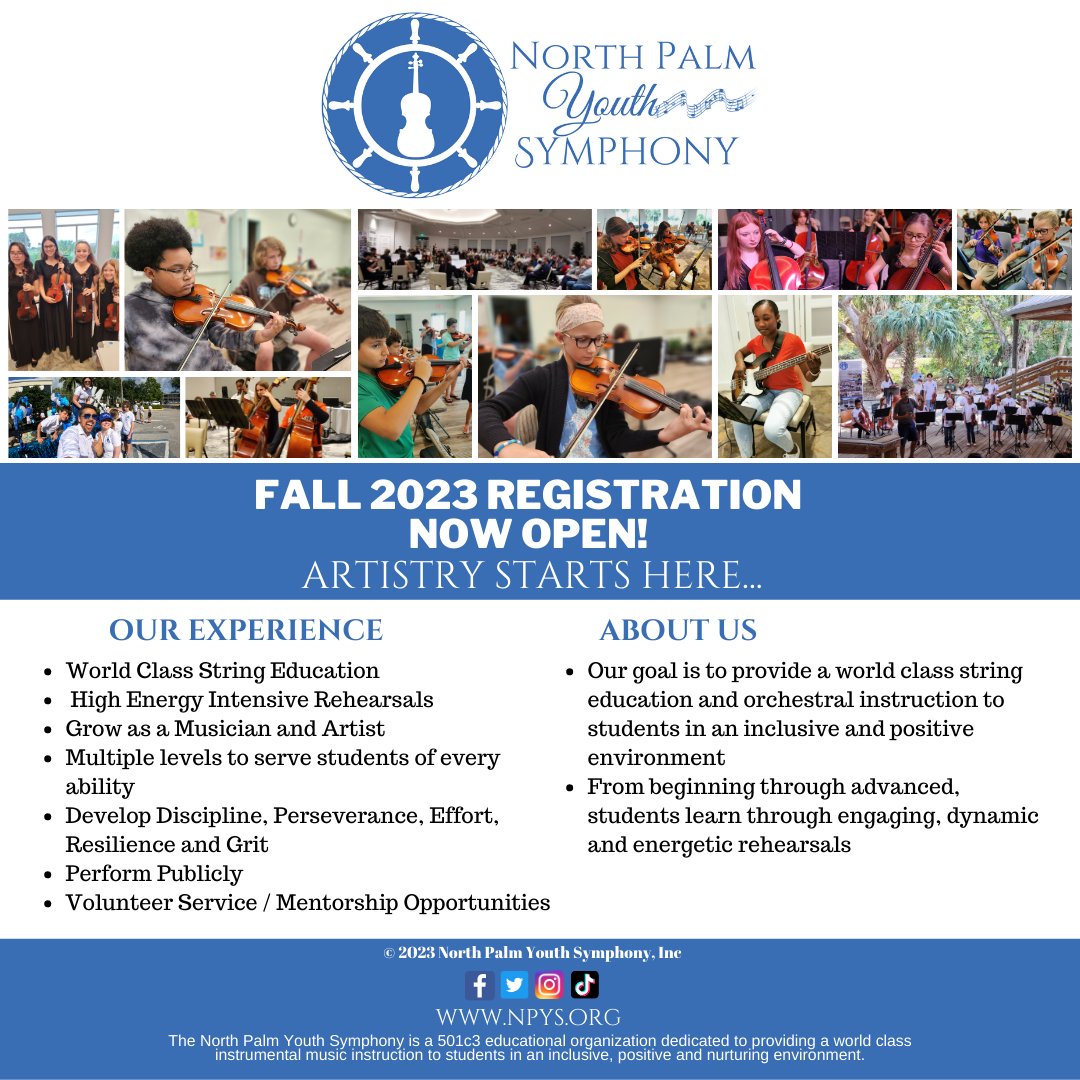 We are thrilled to announce that Fall registration has officially opened! 🎉

Looking forward to seeing our former students back and welcome many new families!

Any questions please email us at artisticdirector@npys.org.

Downbeat on August 21st!

#NPYS

npys.org