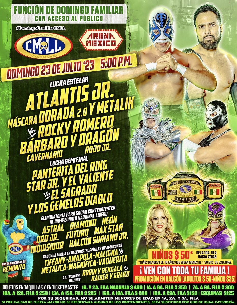 Mauu_Gabriel's tweet image. ¡Ven a disfrutar de un #DomingoFamiliarCMLL en la #ArenaMéxico!

Atlantis Jr, Máscara Dorada 2.0 y Metalik 🆚 Rocky Romero, Bárbaro Cavernario y Dragón Rojo Jr

Panterita del Ring, Star Jr y El Valiente 🆚 El Sagrado y Los Gemelos Diablo

La cita es a las 5:00 P.M.
