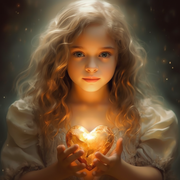 Very young girl heart receives love attention words of affirmation encouragement quality time, and appreciation of her unique essence from its much into the future self-same heart have a time dimension in the image and obviously being shared from self in the future