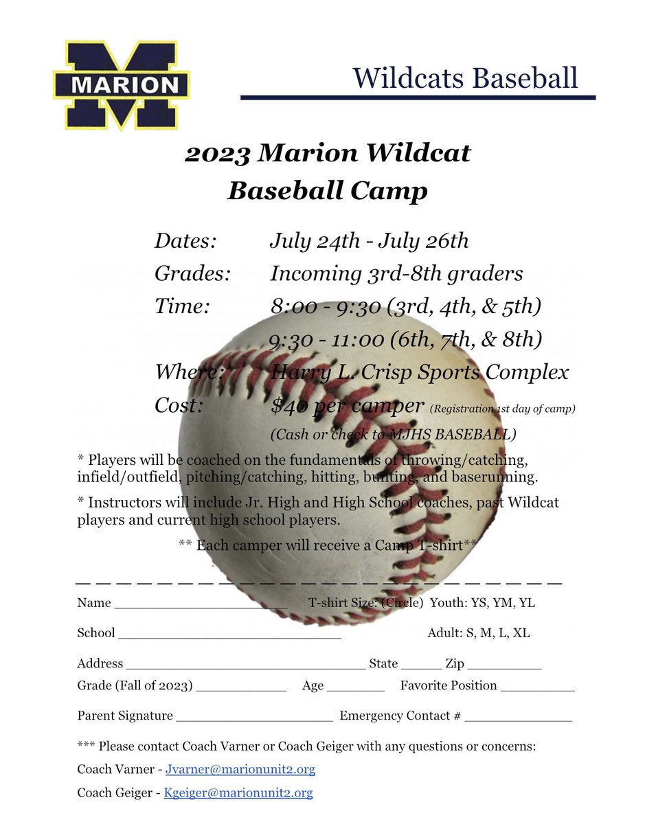 Wildcats_BSBL's tweet photo. Just a reminder our 3 day kid camp starts tomorrow at the Crisp Complex! Bring water and all necessary equipment! @MarionWildcats @Adams_Wildcats @MrVarnerMath https://t.co/VXJQJ9sBFa