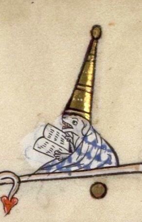 dog reading and wearing a funny hat, france, 14th century