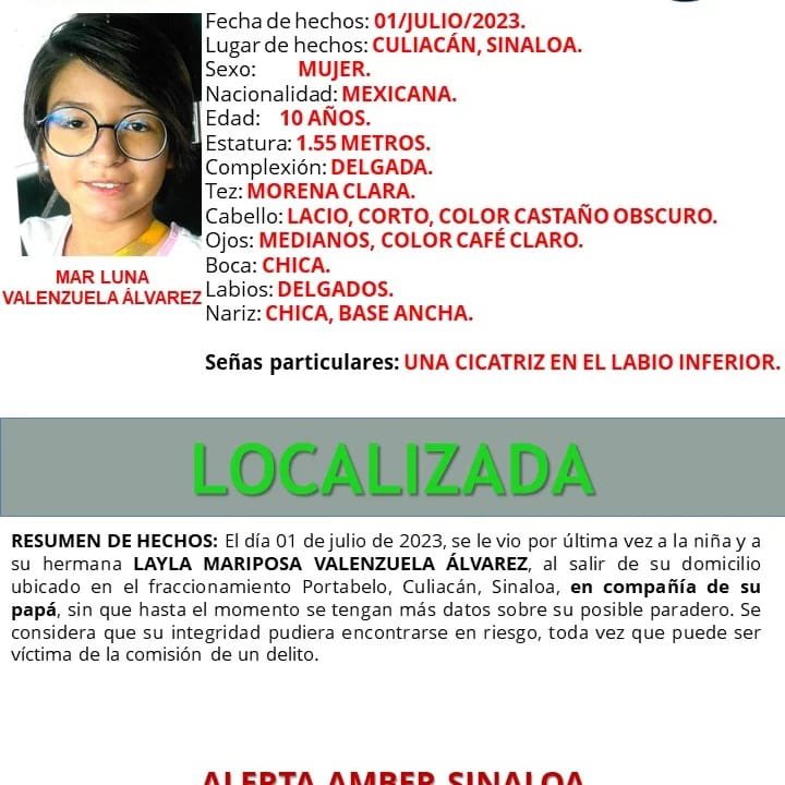 Encontrarles's tweet photo. Las hermanas Mar Luna y Layla Mariposa Valenzuela Álvarez fueron localizadas, de acuerdo con la @FiscaliaSinaloa 

#AlertaAmber #AlertaDesactivada #HastaEncontrarles https://t.co/Wl8i4Bb8Vz