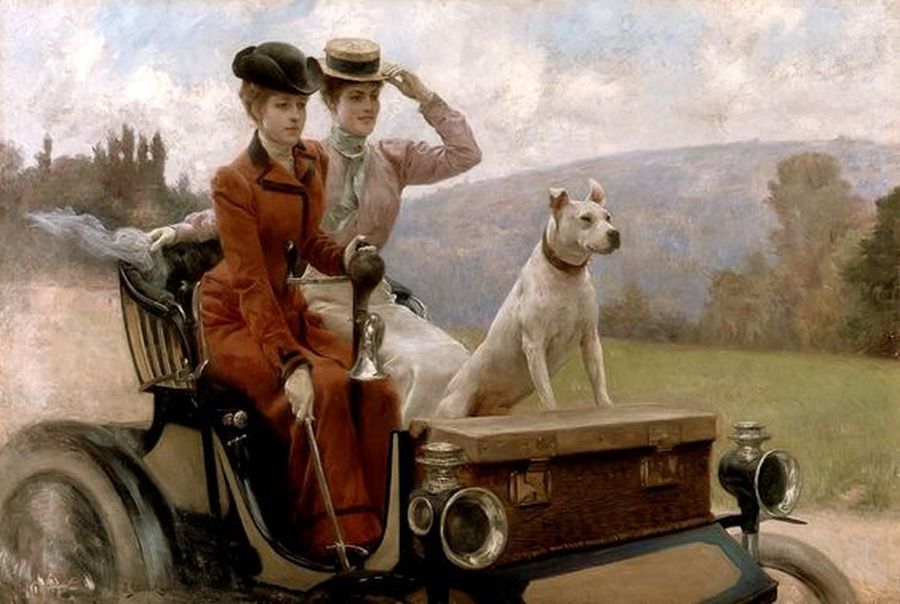 longvictorian2's tweet photo. The Goldsmith Ladies in the Bois de Boulogne on a Peugeot cart (1897) by Julius Leblanc Stewart (American artist, lived 1855-1919). Oil on canvas. A happy #dog keeping watch. https://t.co/u3N5n5Fjxz