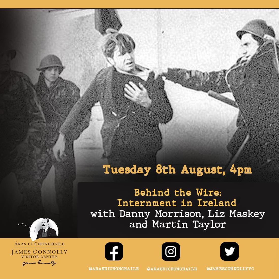 🗣️‘Behind the Wire: Internment in Ireland’ with Danny Morrison, Liz Maskey and Martin Taylor

This talk will explore Britain’s policy of internment in Ireland & hear first-hand accounts from internees of the most recent phase of conflict in the north

🗓️Tuesday 8th August
⏰1pm