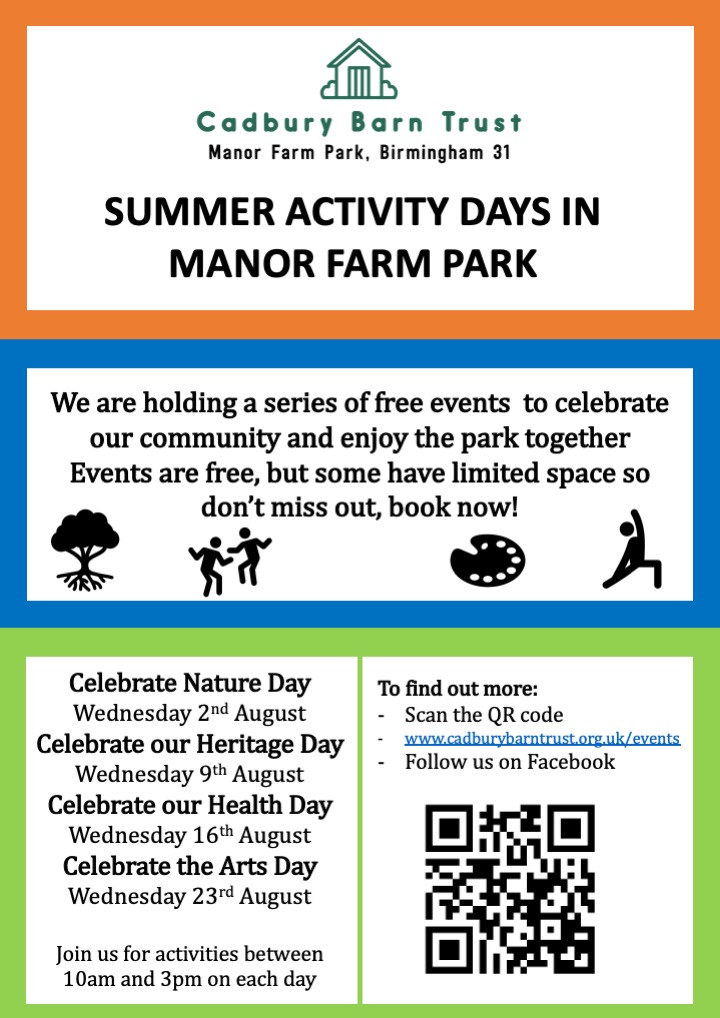 Cadbury Barn Trust are holding a series of free activity days in August. Booking essential for some events. Find out more cadburybarntrust.org.uk/events