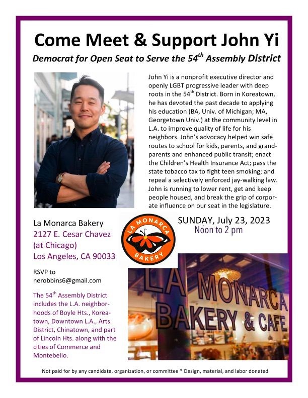 JimPocrass's tweet image. It's a lovely day for a bike ride. Stop by and say "hi" to John Yi at his running for Assembly event. You don't have to be in the district to show your support of one of our own. #LAWalks