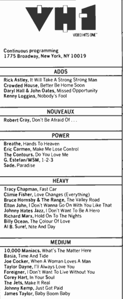 The <a href="/VH1/">VH1</a> video playlist from this very day (7/23) in 1988!  Remember when #VH1 played music videos?  #music #musicvideo #80s #80sMusic #videos #songs