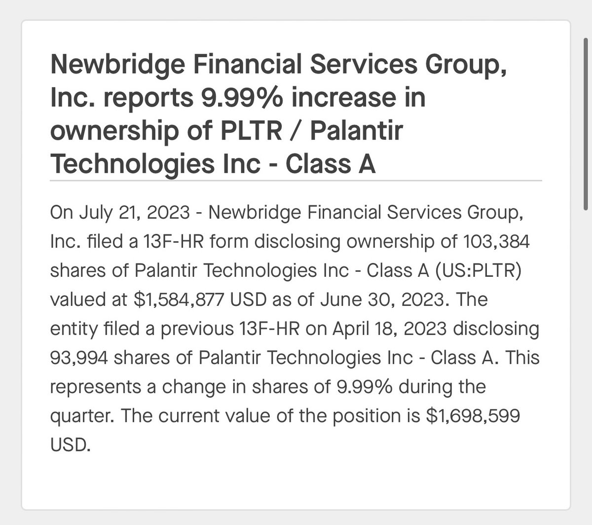 $PLTR

Newbridge Financial Services Group reported an ownership stake of 103K Palantir shares, up 9.9% from their April 18th ownership of 93K shares. https://t.co/gUB9lu3ksg