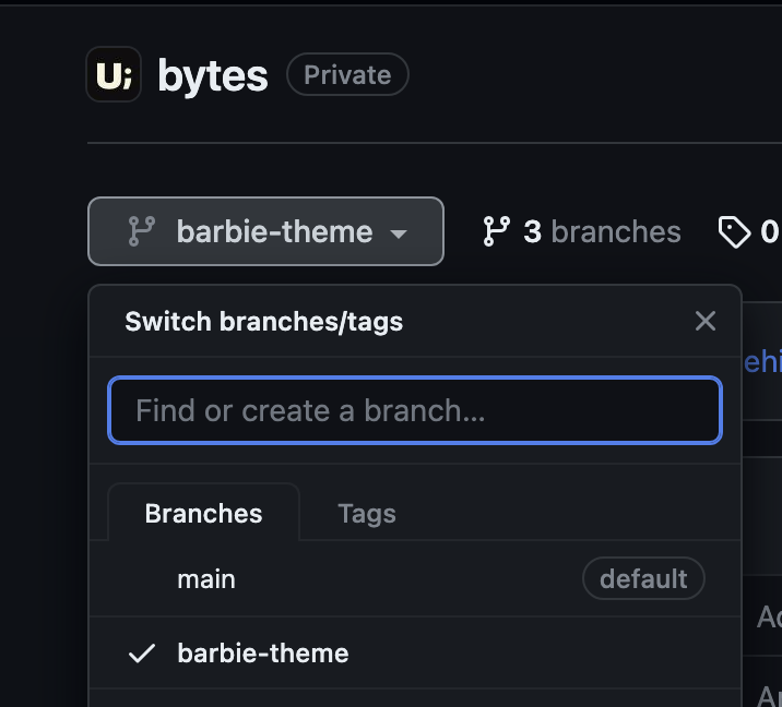 Screenshot of the branches on the Bytes repository and one of the branches is named "barbie-theme".