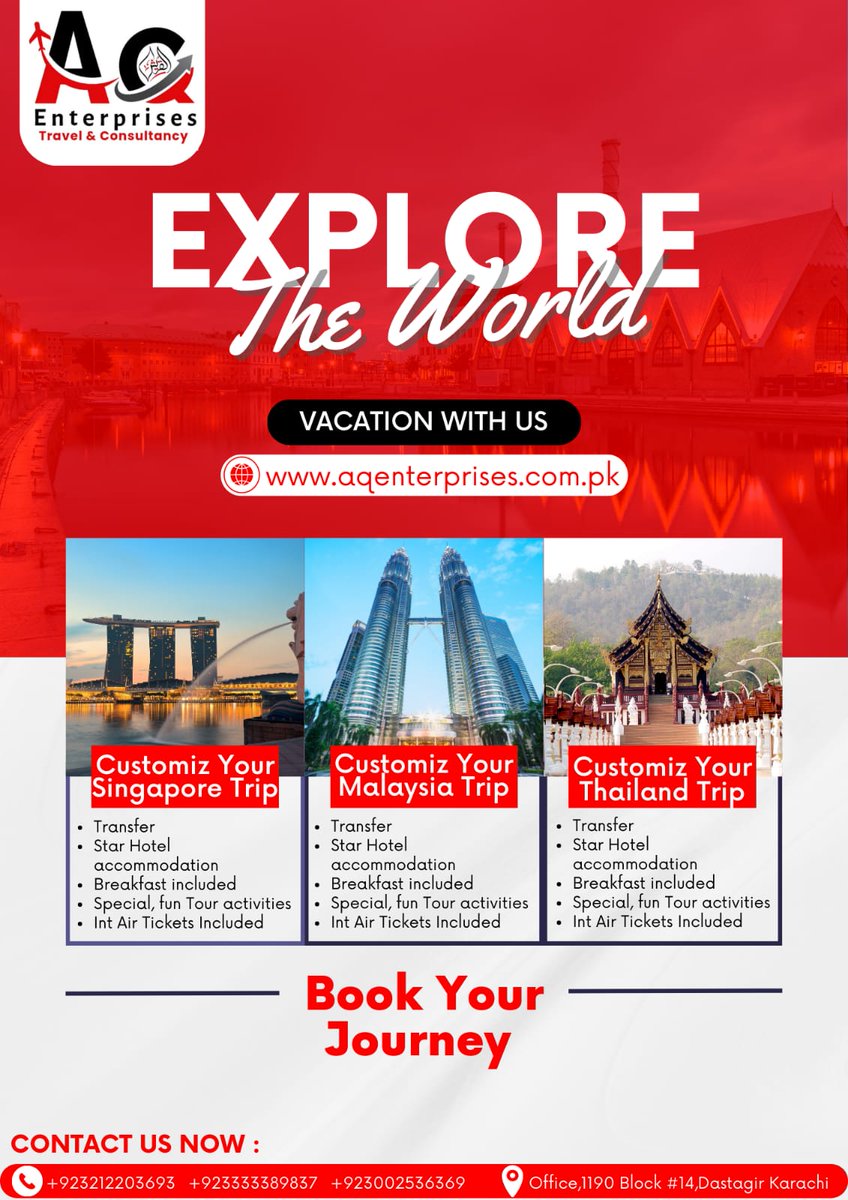 AQEnterprisesTr's tweet photo. ✈️ Explore the Best of Southeast Asia with #AQEnterprises! 🌏 Embark on a custom-tailored adventure through Singapore, Malaysia, and Thailand. 🌴🏯🐘 Let us plan your dream journey today! 

#SingaporeMalaysiaThailandTour #TravelWithAQ #DiscoverSoutheastAsia https://t.co/IqM1tnAsfk