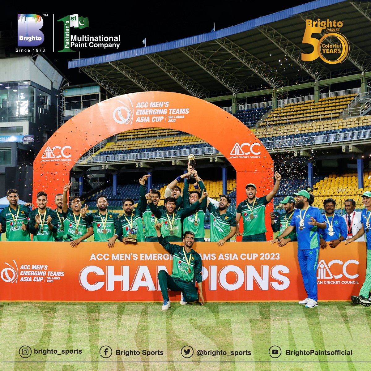 brighto_sports's tweet photo. Congratulations Pakistan-A Team, for an extraordinary victory in the ACC Emerging Asia Cup 2023! Your outstanding performance has made the nation proud!
#BrightoPaints #Brightoturns50 #BrightoGroup #Since1973 #BrightoSports #Champion #PakistanZindabad #ACCemergingasiacup2023 https://t.co/C1mjfVywy0