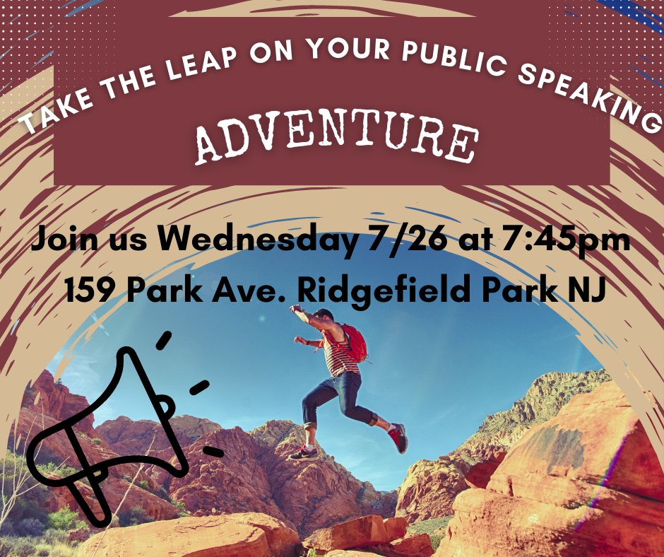 🚨Join us for our next Bergen Toastmasters on 7/26 at 7:45 PM‼️
🤓 Take the bold step and continue your personal growth with Bergen Toastmasters!   
⚠️ Follow us on social media linktr.ee/bergentm or email: bergentoastmasters@gmail.com for more info!