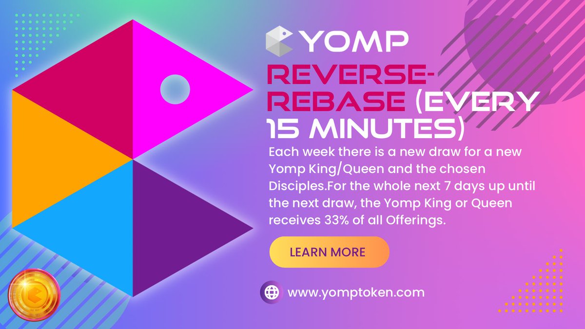 yomptoken's tweet photo. Introducing Yomp - REVERSE-REBASE! Every 15 minutes, a Weekly Draw determines the Yomp King/Queen. They receive 33% of all Offerings for the next 7 days. 12 runner-ups become Disciples with rewards. New draw every week!
ππ #Yomp #ReverseRebase #YompKing #YompQueen #WeeklyDraw https://t.co/csowQyhKDq