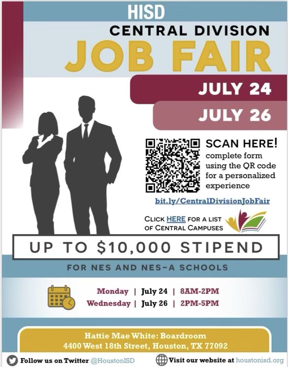 Come join us Monday and Wednesday at the Central Division job fair! #TeamHISD
