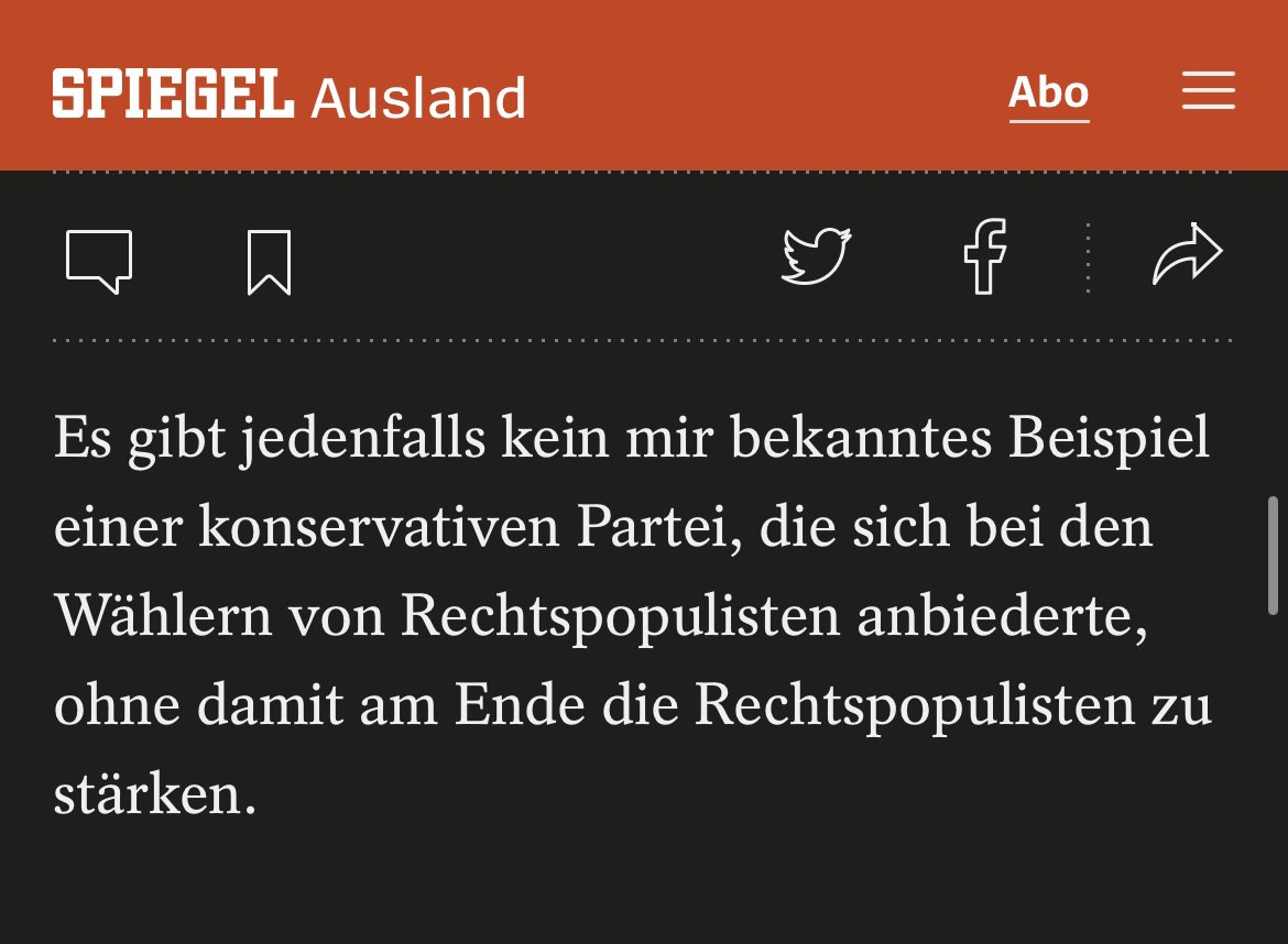 Es gibt kein mir bekanntes Beispiel einer konservativen Partei, die sich bei den Wählern von Rechtspopulisten anbiederte, ohne damit am Ende die Rechtspopulisten zu stärken. Warnendes Beispiel: Frankreich. spiegel.de/ausland/news-s…