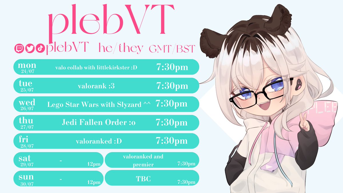 new schedule for da week!!

some more lego star wars collab, Jedi Fallen Order, and of course Valorant, hope everyone has had a great weekend and hope to see some of you there :D <3 https://t.co/vL7vb8qptY
