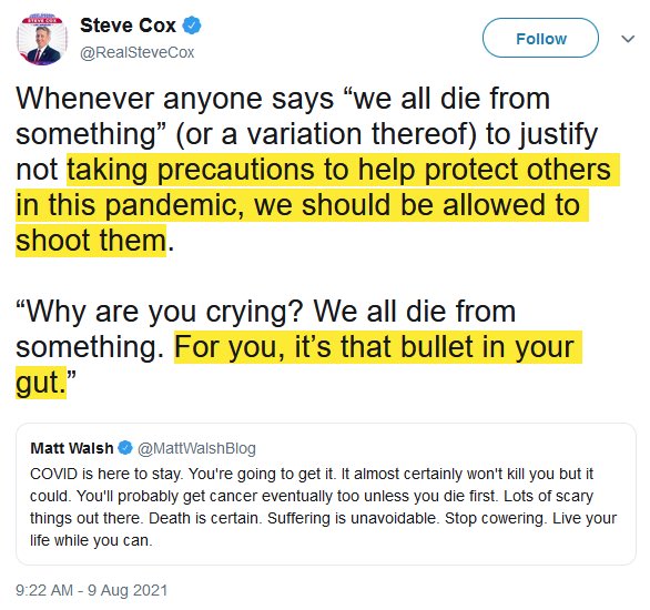 Hey, <a href="/RealSteveCox/">Steve Cox</a>. Do you remember when you said one should be allowed to shoot unvaccinated individuals?

How do you feel about the statement you made two years ago, now that you look back on it today?