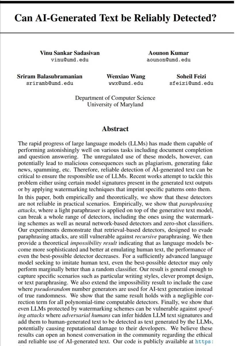 This paper shows that there are no reliable ways of watermarking AI generated text in order to distinguish it from human text.

Which means that future large language models will have to contend with the possibility of model collapse due to training on AI content.