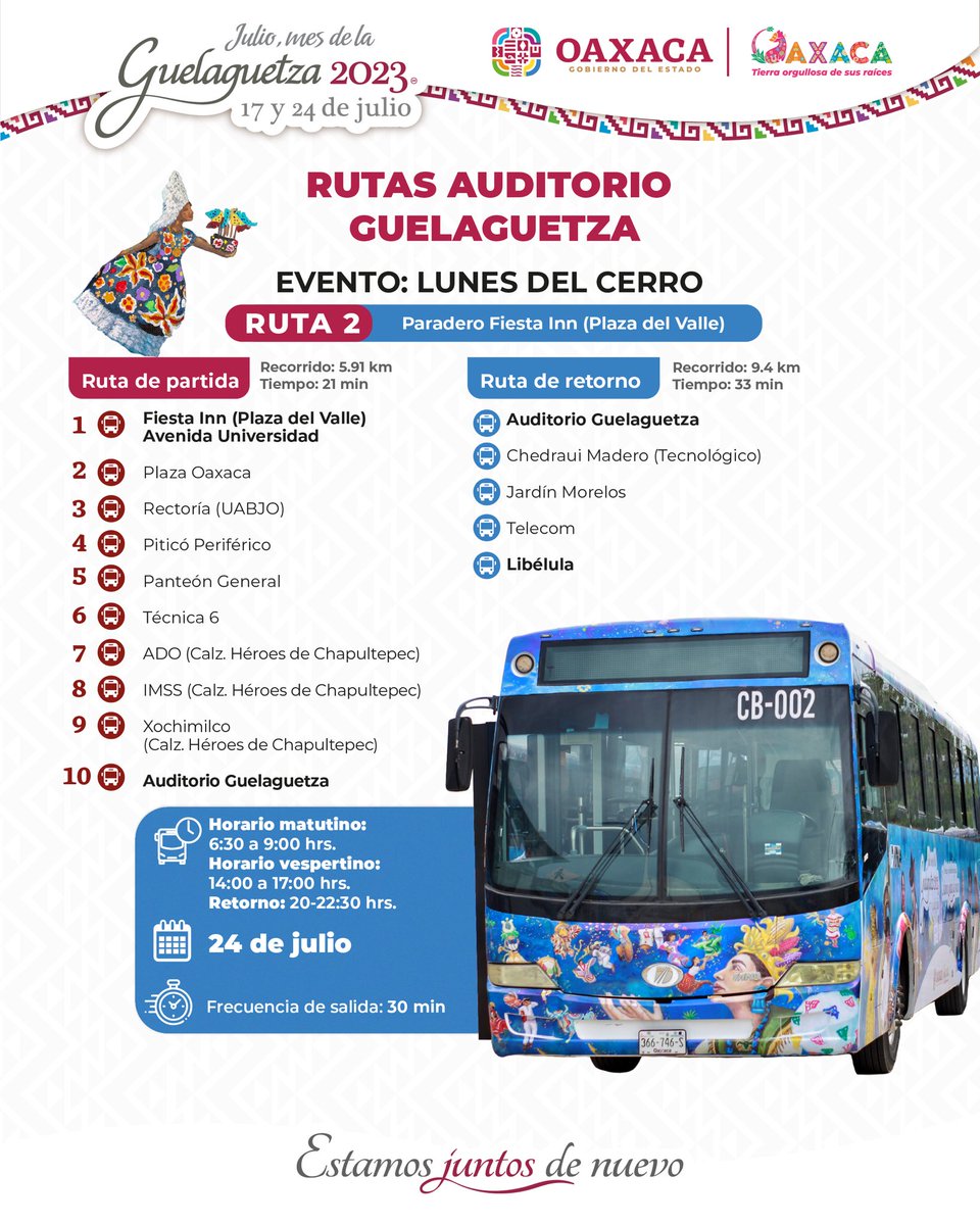 GobOax's tweet photo. La #Guelaguetza2023 se celebra en todo Oaxaca. Conoce las rutas de transporte gratuito y asiste a las diversas actividades que tenemos en la máxima fiesta del pueblo.

#EstamosJuntosDeNuevo https://t.co/OfWi3R1S6u