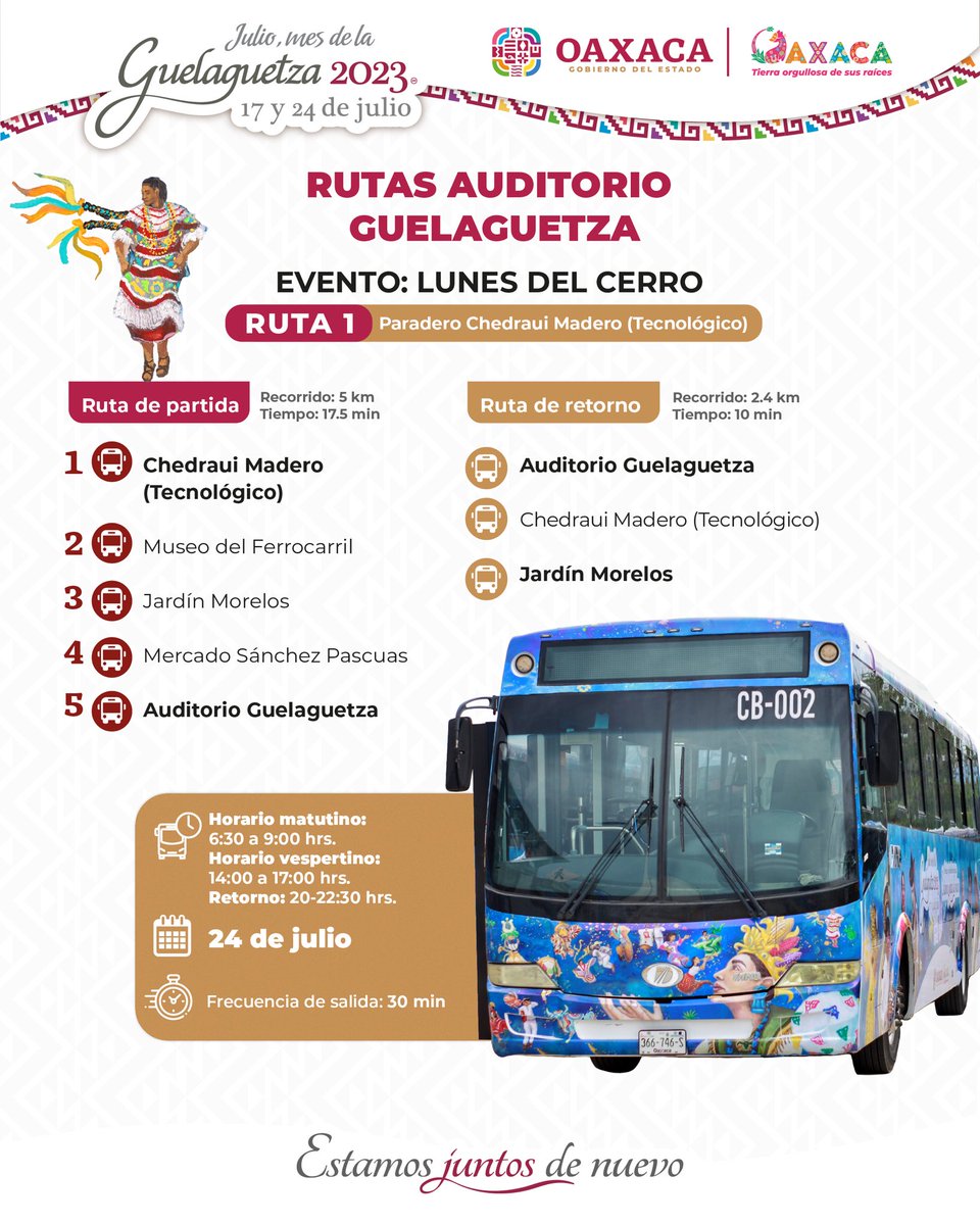 GobOax's tweet photo. La #Guelaguetza2023 se celebra en todo Oaxaca. Conoce las rutas de transporte gratuito y asiste a las diversas actividades que tenemos en la máxima fiesta del pueblo.

#EstamosJuntosDeNuevo https://t.co/OfWi3R1S6u