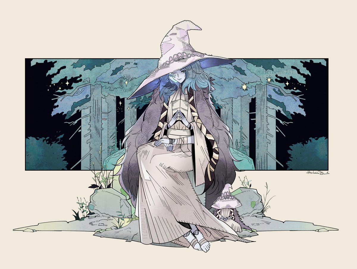 ranni the witch witch hat 1girl hat cloak extra arms blue hair colored skin  illustration images