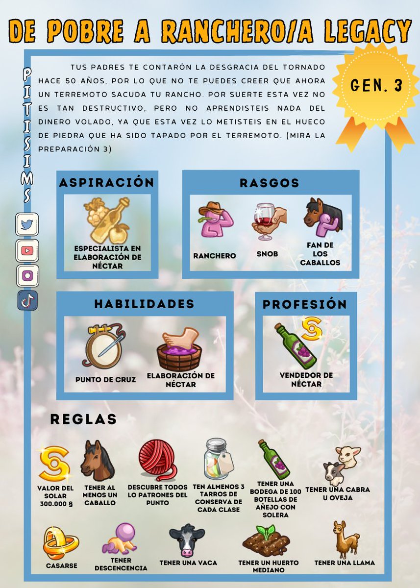 PitiSims's tweet photo. Ya está aquí!!!! De pobre a ranchera legacy!🐴 Espero que lo disfrutéis muchísimo. Os dejo enlace al video explicativo con las reglas escritas. Os pido RT para apoyar este tipo de contenido 🫶✨En el hilo tenéis todo el legacy. https://t.co/TxVZj0qH8g @LosSimsES @TheSims https://t.co/TxpBgkwxBm