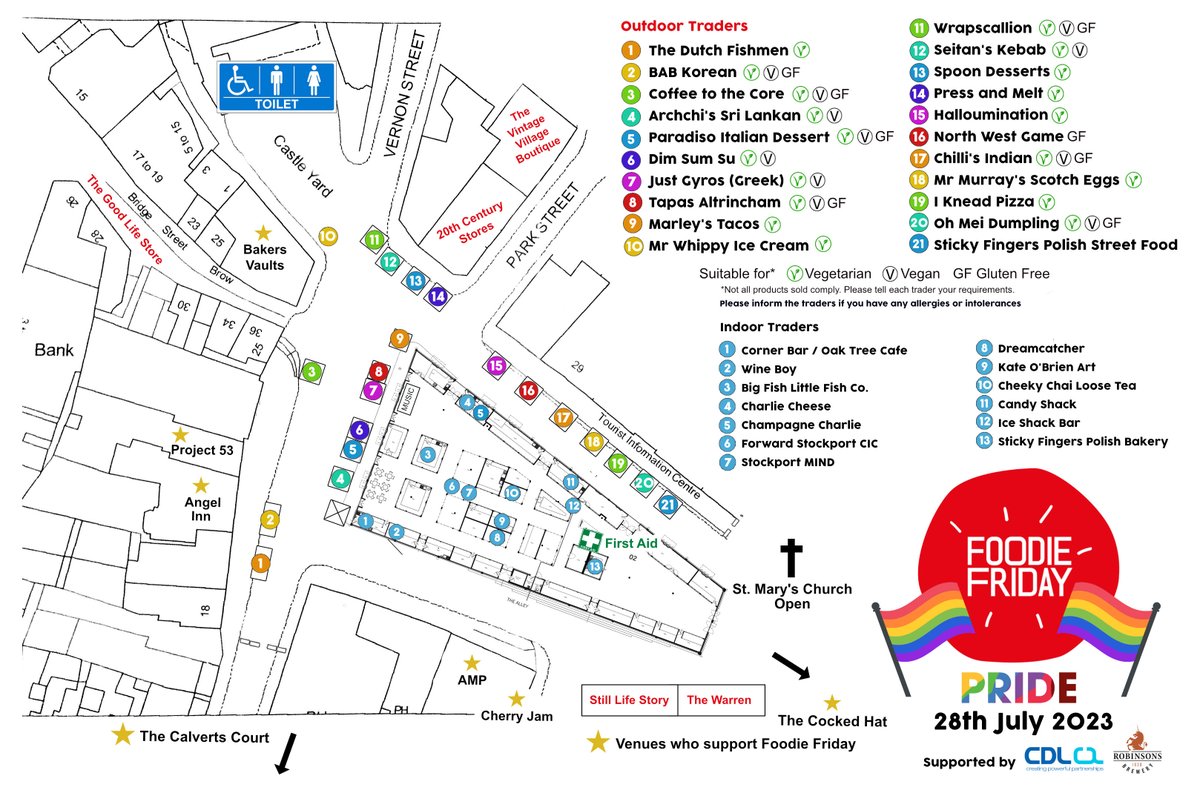 Foodie Friday at Stockport Market (@skfoodiefriday) on Twitter photo What a line-up of street food traders for Pride Foodie Friday this Friday! Check out our Trader Map for vegan, vegetarian & gluten free options. Share the love with our supporting venues <a href="/BakersVaults/">Bakers Vaults</a> <a href="/Project53Skpt/">Project 53 Stockport</a> <a href="/CalvertsCourt/">The Calverts Court</a> <a href="/thecockedhat/">The Cocked Hat Stockport</a> Angel Inn, Amp & Cherry Jam. 🏳️🌈 🎉 What a line-up of street food traders for Pride Foodie Friday this Friday! Check out our Trader Map for vegan, vegetarian & gluten free options. Share the love with our supporting venues <a href="/BakersVaults/">Bakers Vaults</a> <a href="/Project53Skpt/">Project 53 Stockport</a> <a href="/CalvertsCourt/">The Calverts Court</a> <a href="/thecockedhat/">The Cocked Hat Stockport</a> Angel Inn, Amp & Cherry Jam. 🏳️🌈 🎉