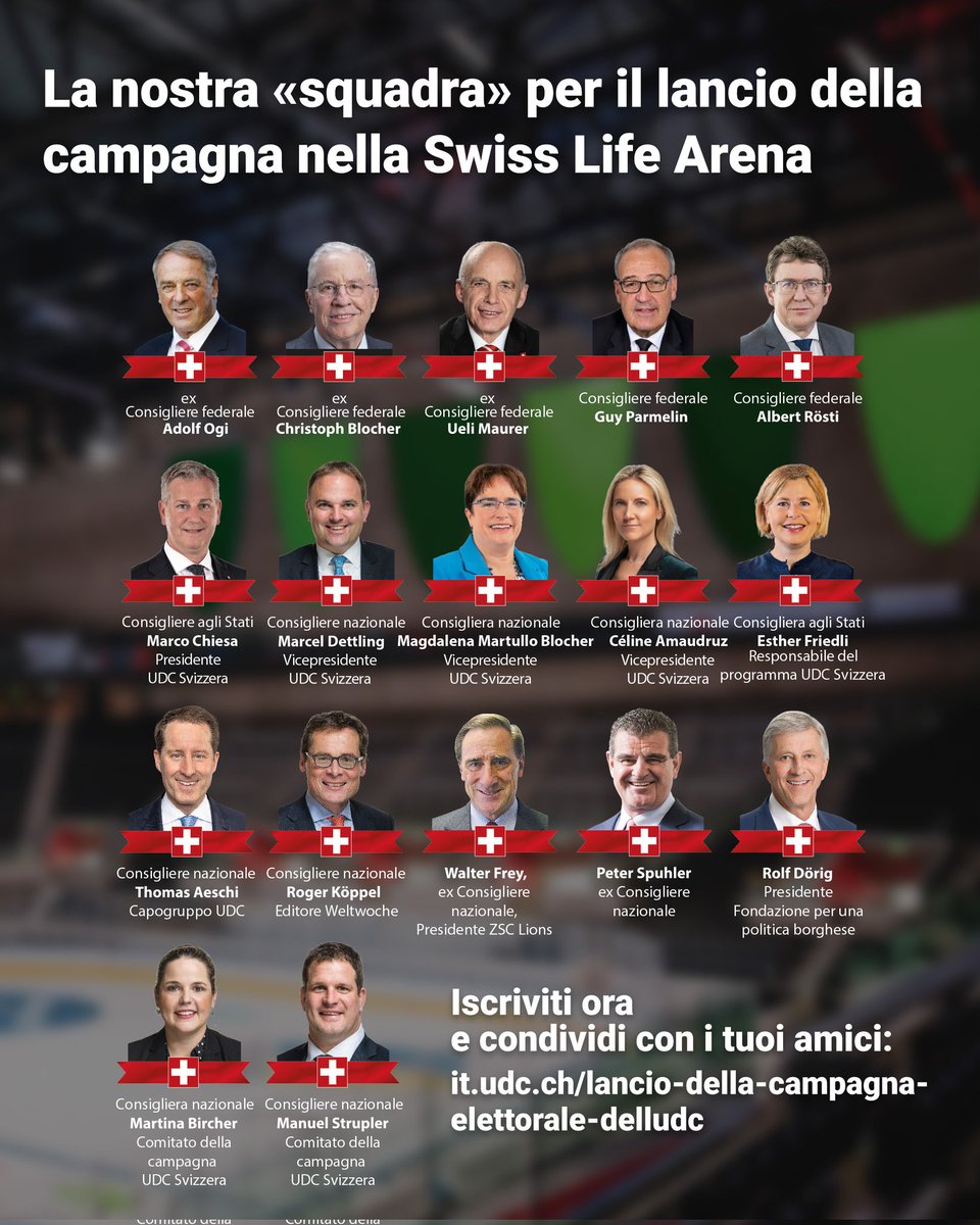 Siate parte anche voi della più grande festa per il lancio di una campagna elettorale mai organizzata nel nostro Paese. Vi aspettiamo alla Swiss Life Arena il 26 agosto 2023. Intrattenimento per tutta la famiglia! Iscrivetevi subito! 🇨🇭

it.udc.ch/lancio-della-c…