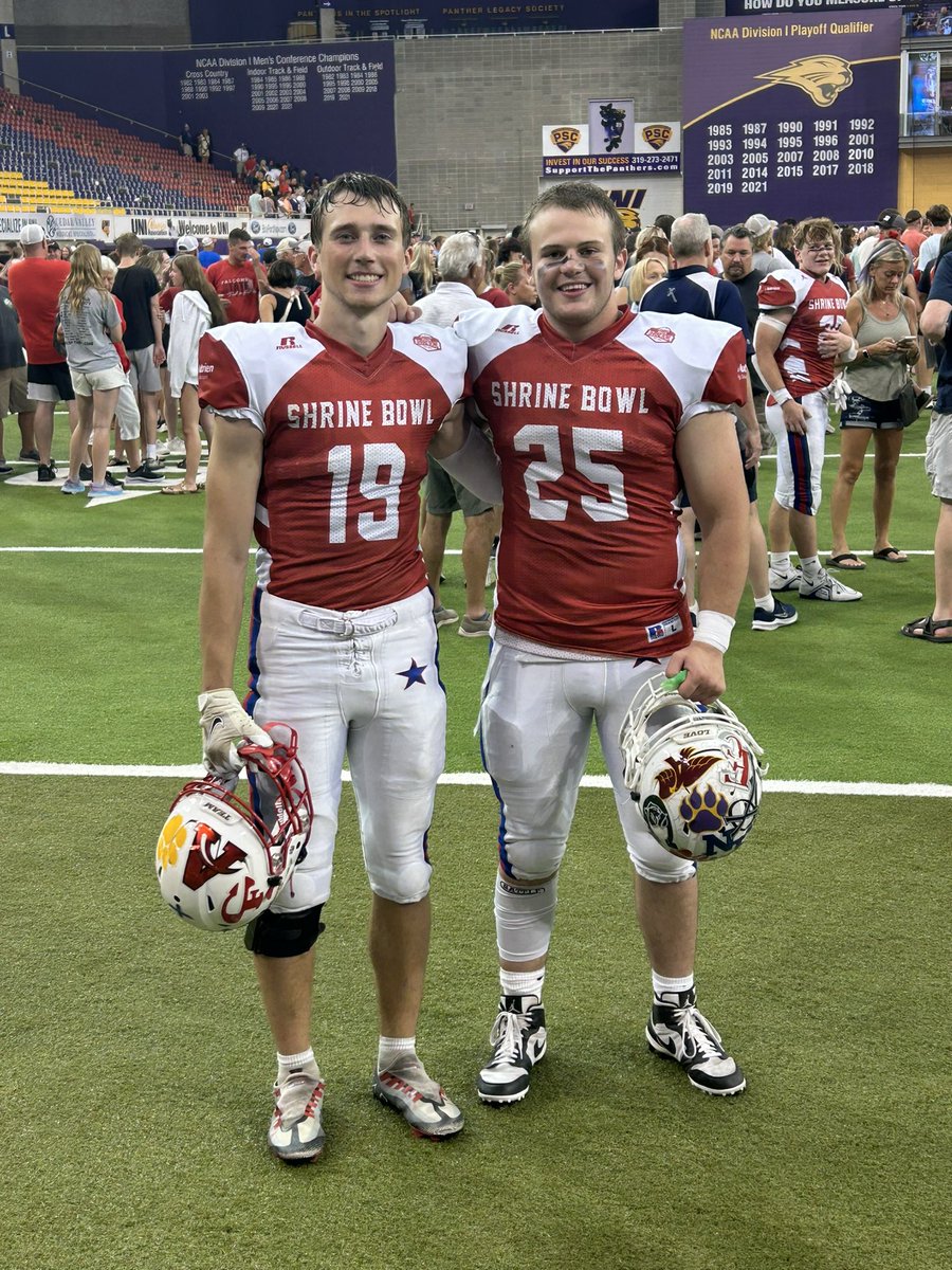 chadhartz's tweet photo. Shrine Bowl 2023. What a GREAT week for these young men to experience.  Was a joy watching them compete alongside each other while supporting a fantastic mission. Best of Luck @BenRoussell @MitchJohnson23 @CarsonHartz @iowashrinebowl https://t.co/GvDIBepkTG