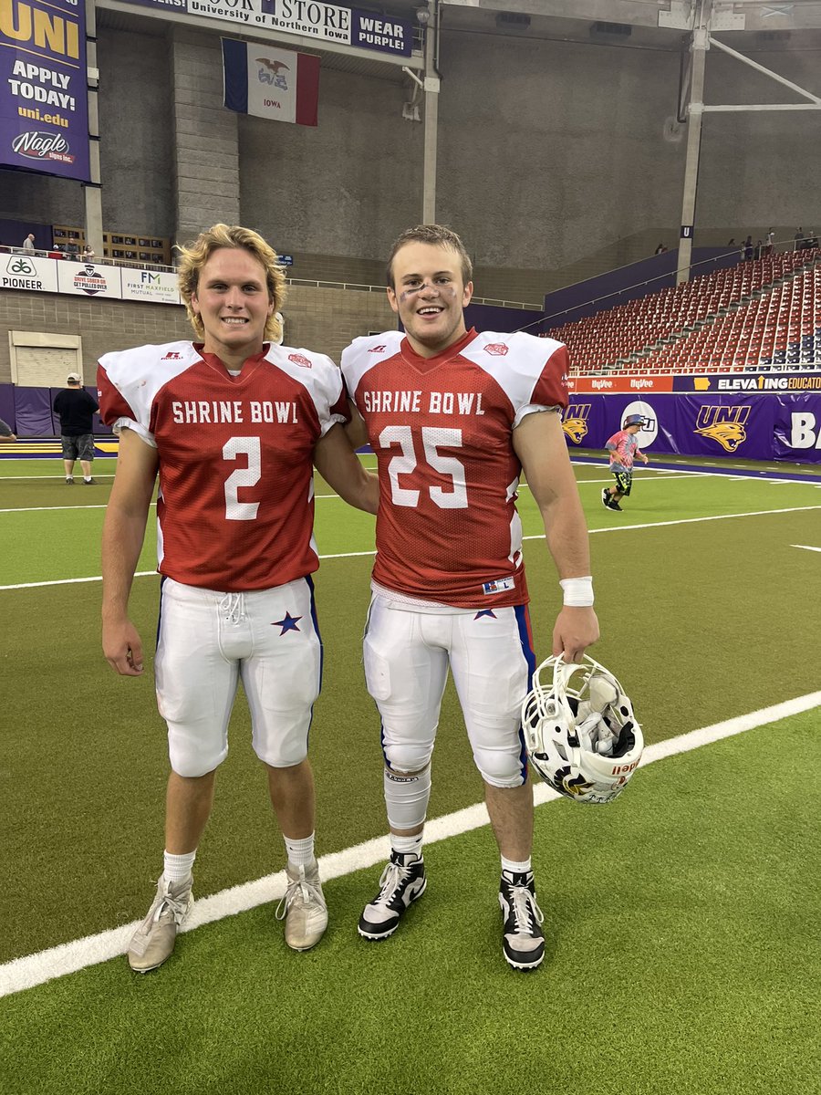 chadhartz's tweet photo. Shrine Bowl 2023. What a GREAT week for these young men to experience.  Was a joy watching them compete alongside each other while supporting a fantastic mission. Best of Luck @BenRoussell @MitchJohnson23 @CarsonHartz @iowashrinebowl https://t.co/GvDIBepkTG