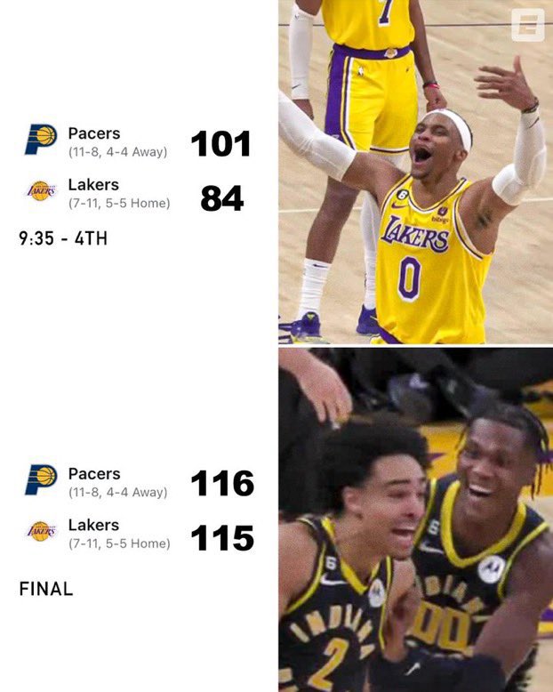 The Lakers choking vs the Pacers + losing on a game winner + Mathurin coming into Lebron’s trap and taking it over was funny asf https://t.co/d6qny7hf5T https://t.co/IAPe0Be75T