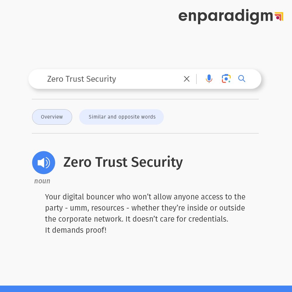 Enparadigm's tweet image. Zero Trust Security - a digital sentinel you can’t get past so easily! Stay tuned as we leave no tech term unturned in our unfiltered series.
#TechItEasy with #enParadigm.
#TechJargon #DigitalLingo