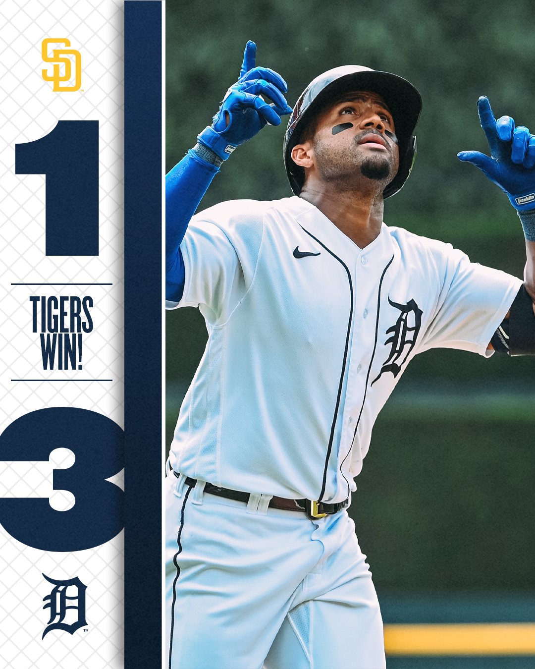 Tigers win! Final score: Tigers 3, Padres 1. Inset photo: Andy Ibáñez points skyward with both hands as he rounds third base on a home run.