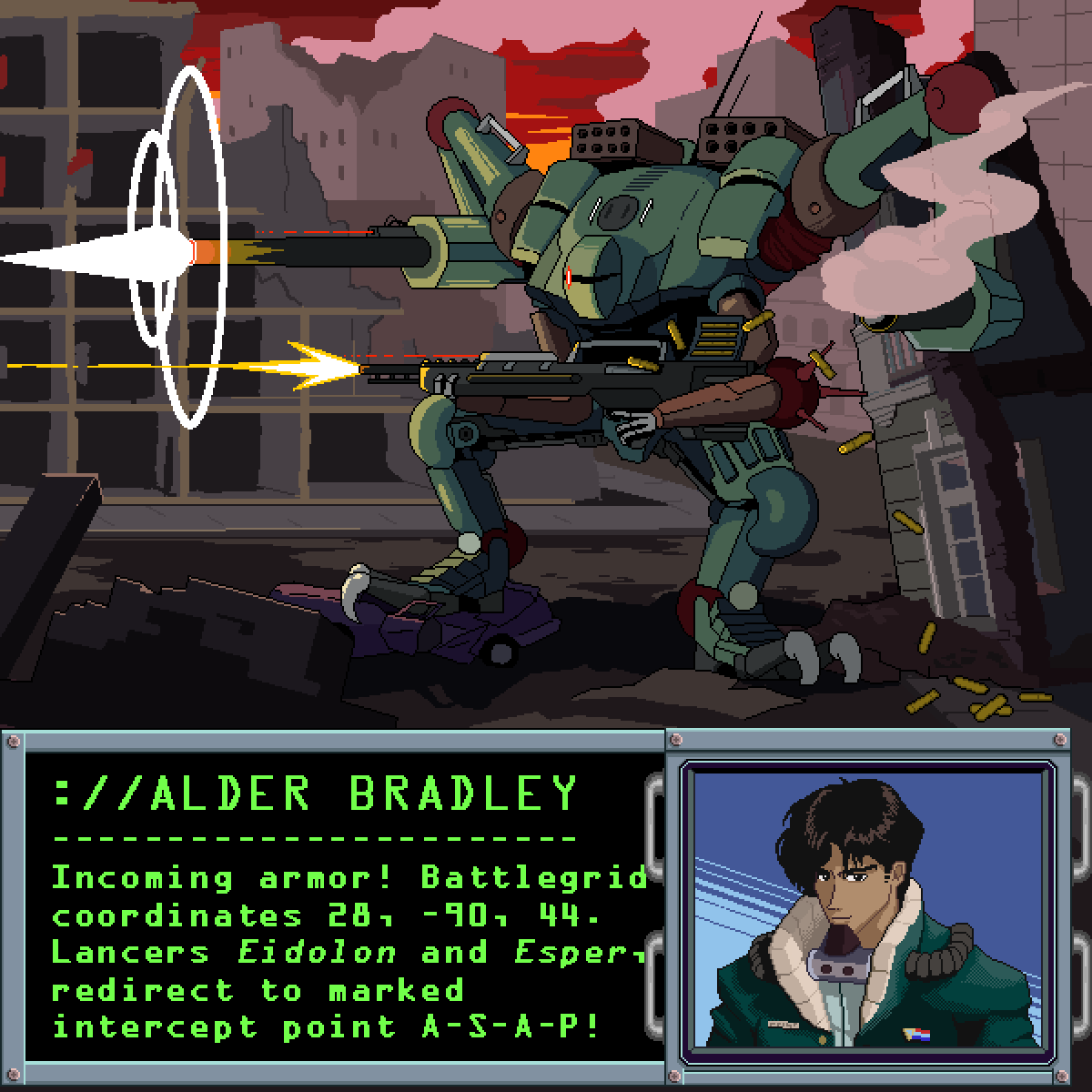 JayTKnox's tweet photo. Getting some use outta those character portraits. Here's my #LancerRPG OC Alder fighting in his mech, the Tigranes on the planet Cressidium. All done to fit that #pixelart #90sanimestyle. https://t.co/ZdvaUkA7GU