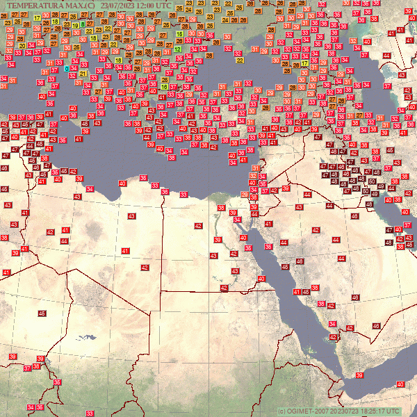 (1) Mediterranean Heat Wave:
Today 23 July both Italy and Greece rose as much as 46.4C.
The tiny island of Ustica with 41.0C broke its all time record.
The Greek city of Kalamata with 44.4C broke its July record.

44.3C also in Cyprus.

Next tweet:North Africa