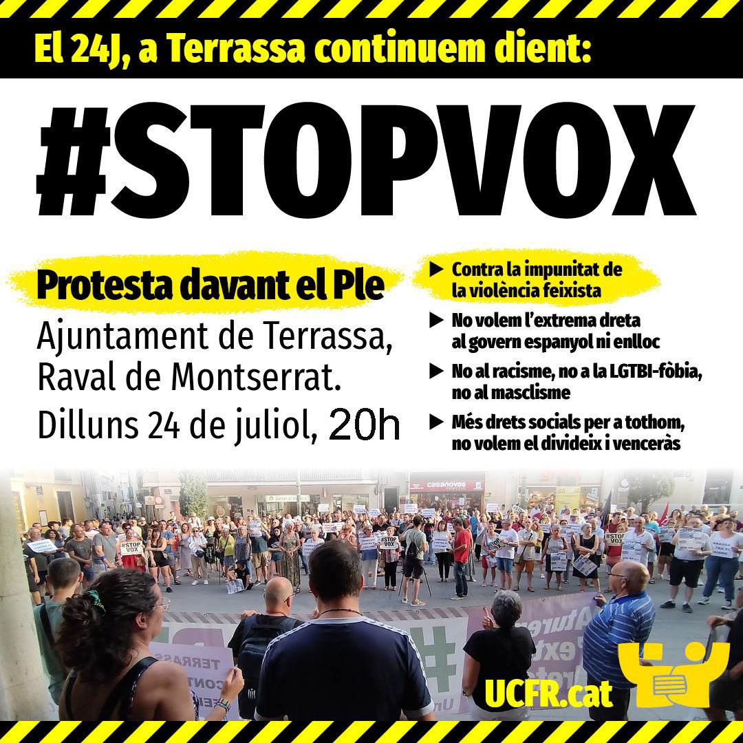 ‼️‼️ Protesta davant el Ple Municipal

🟢 DEMÀ Dilluns 24 de juliol, 20h
Raval de Montserrat,  Terrassa

◾ Retirada de la denúncia a la víctima d'agressió feixista i personació de l'Ajuntament com a acusació particular
◾ No a l’extrema dreta ni al govern espanyol ni enlloc