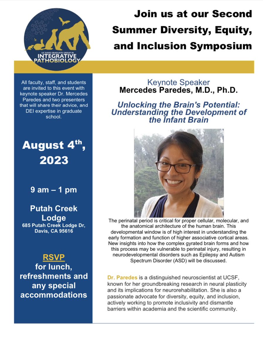 Join us for our second annual summer #DEI symposium featuring a diverse range of presenters, including Dr. Mercedes Paredes from UCSF as the keynote and @c3llas as the postdoc speaker. Aug 4 from 9-1 at Putah Creek Lodge. RSVP for lunch & accommodations. ucdavis.co1.qualtrics.com/jfe/form/SV_bB…