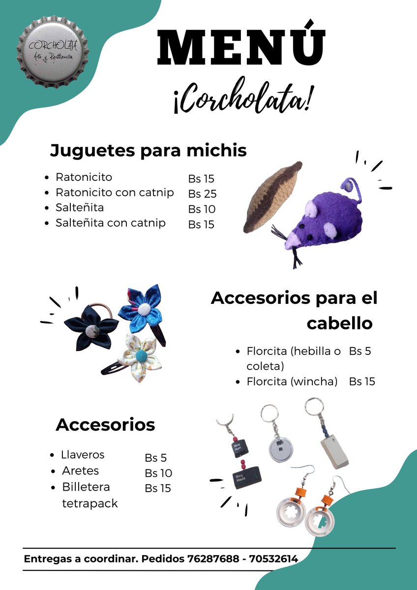 CorcholataBo's tweet photo. Casera, casero, vean nuestro #MenúCorcholata, tenemos juguetitos y accesorios, todo con material reutilizado 🥰♻️.

Vean nomás sin compromiso, cases, biencito les vamos a yapar.

Estamos en La Paz (delivery gratis) y hacemos envío a todo el país.

📲76287688 - 70532614. https://t.co/M7PcSef9Xe