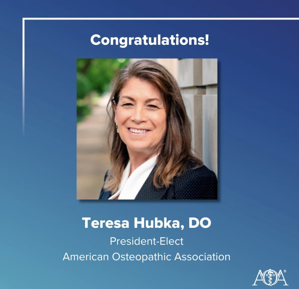 AOAforDOs's tweet photo. As we say goodbye to another successful House of Delgates Annual Business meeting, we want to congratulate Teresa Hubka, DO, for her election as the President-Elect of the AOA. #AOAHOD https://t.co/vC7cDVHv6X