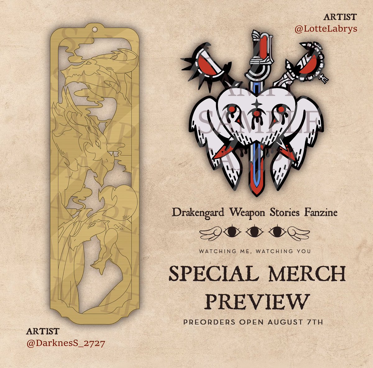 WeaponStoryZine's tweet photo. ⚔️SPECIAL MERCH PREVIEW⚔️
We have an engraved bookmark featuring dragons from the #Drakengard series by @DarknesS_2727, and an enamel pin with the protagonists’ weapons by @LotteLabrys! 
These will be in the highest tier and a separate merchandise-only listing! https://t.co/O6mdbYGqzA
