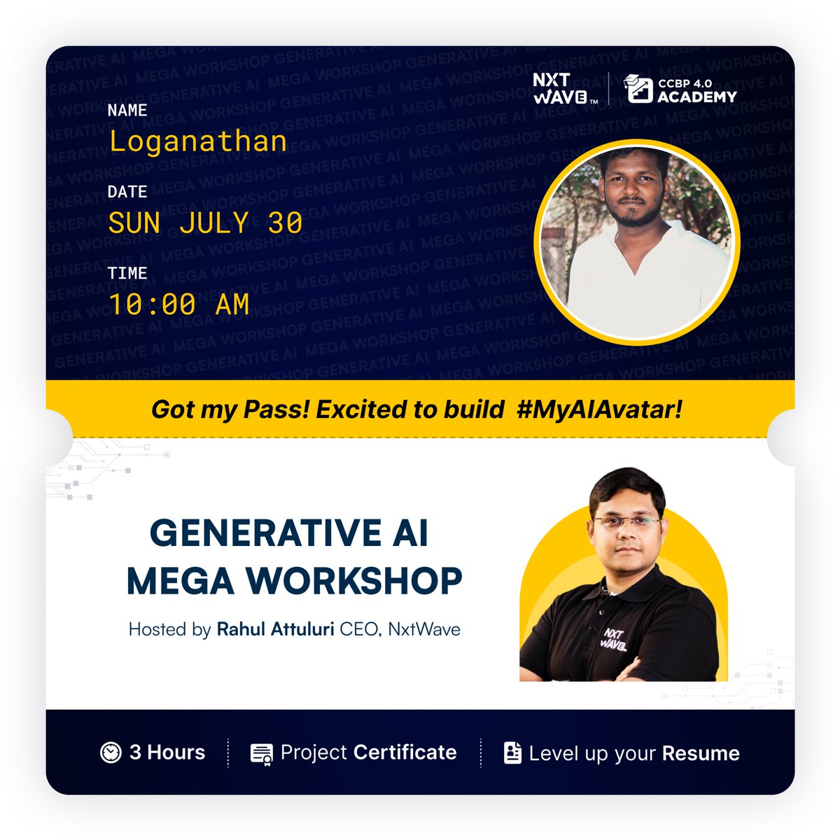 Hi Everyone🤩

Excited to be part of this generative Al MEGA workshop.....😎🥳

#GenAIMegaWorkshop #MyAlAvatar @nxtwave_tech @rahulattuluri  #cebpian #nxtaveccbp #careergrowth #development #positivetribe