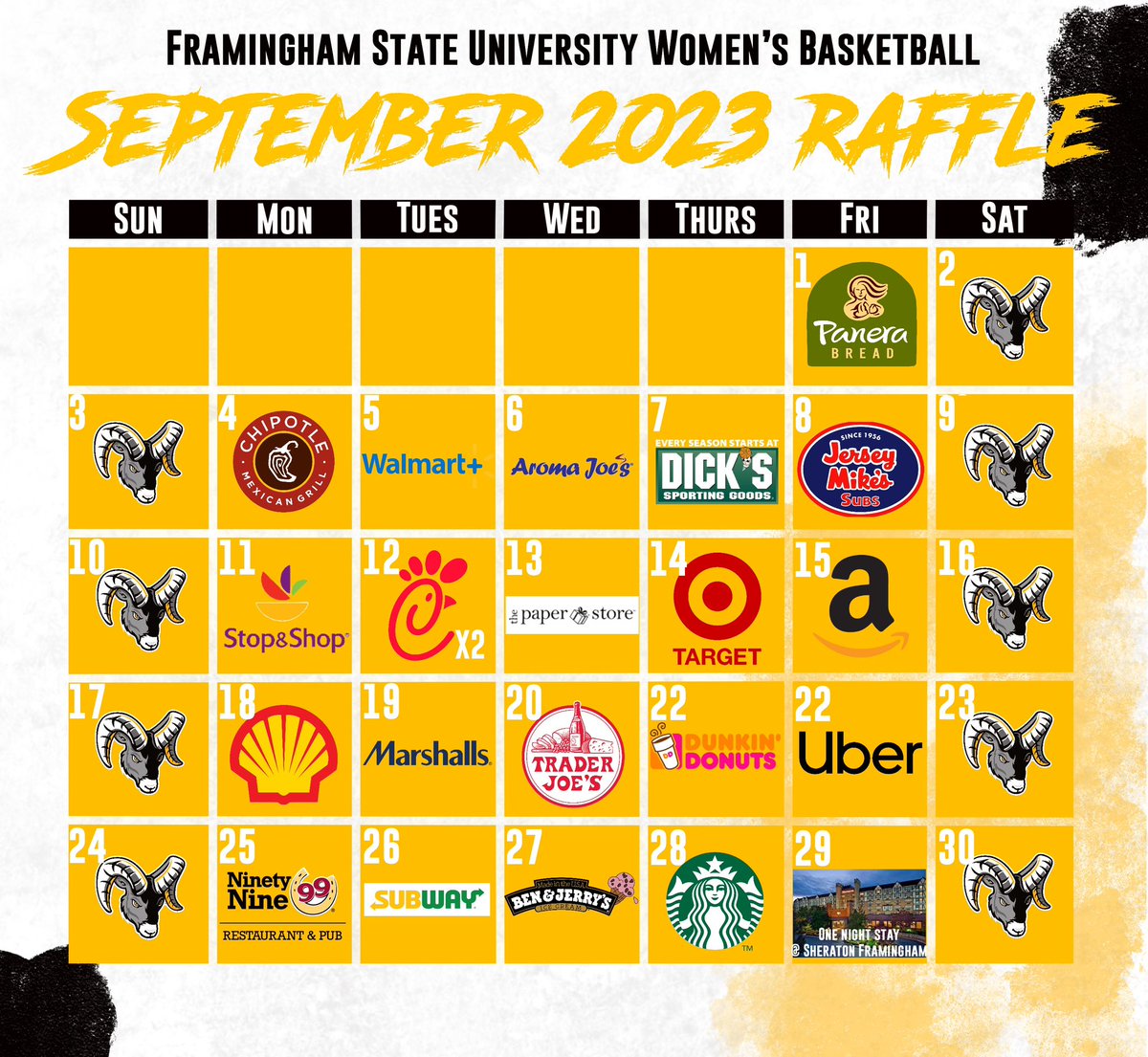 FSUWBB SEPTEMBER 2023 CALENDAR RAFFLE 🎟

We will be picking a winner every day of September ☺️ all prizes are gift cards unless otherwise noted in the calendar. Link in bio to purchase your tickets. Reach out with any questions! #fRAMily🏀🐏