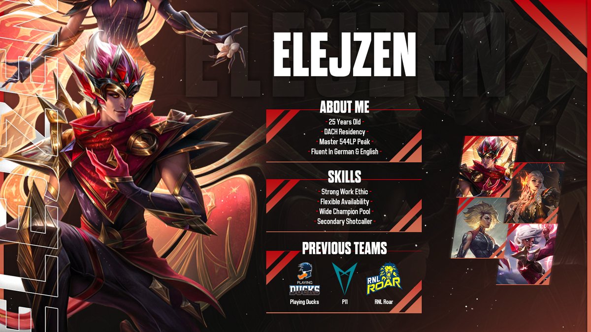 While i'm still in talks with RNLRoar, i want to explore some options. Tyvm for the split. You can contact me via Twitter or Discord: Elejzen. I appreciate any Retweet or like.
<a href="/LoL_LFT_Fr/">LoL LFT Fr</a>
<a href="/LFT_LOL_ES/">LFT_LOL_ES</a>
<a href="/LoL_LFT_ITA/">LoL LFT 🇮🇹</a>
<a href="/LFT_LoL_EU/">LFT_LoL_EU</a>
<a href="/LFT_Original/">Looking For a Team ⚡</a>
<a href="/LFT_PL/">LFT POLAND</a>
<a href="/lft_prime/">Prime League LFT</a>