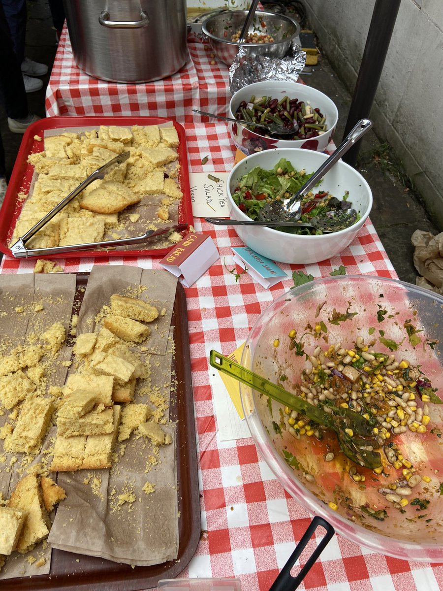 Not a lot left over from our three sisters feast - refried beans, cornbread and salads
