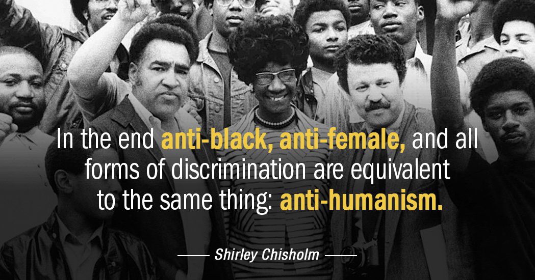 Powerful words from the legendary #ShirleyChisholm: 'In the end, anti-black, anti-female, and all forms of discrimination are equivalent to the same thing: anti-humanism.' Let's stand united against #discrimination and embrace the beauty of #diversity. Together, we can build a