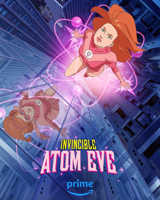 The poster for Invincible: Atom Eve showing young Eve in the reflection of a building as she is soaring upward